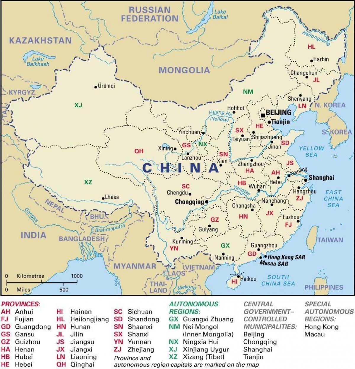 mapa ng China sa mga lalawigan at mga capitals