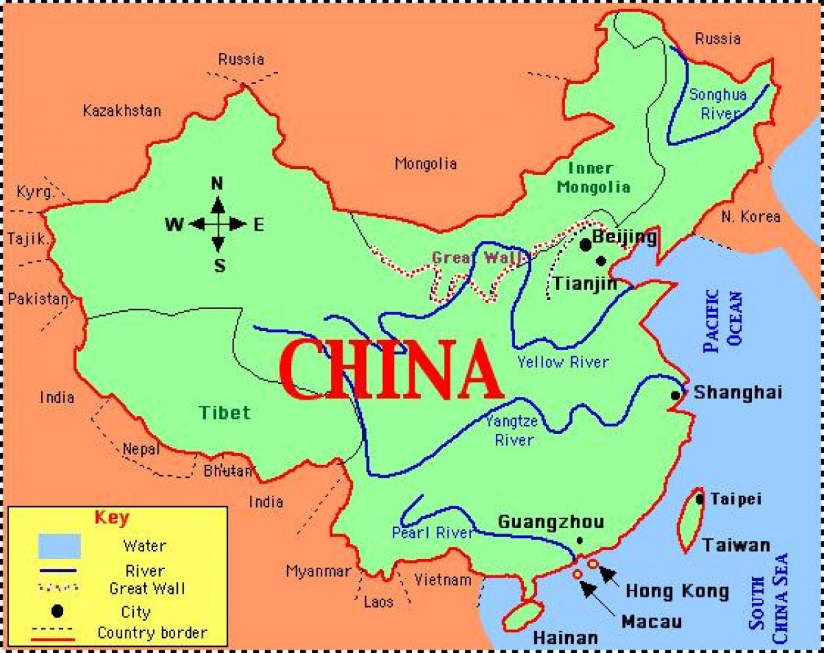 China ng mapa sa mga ilog at bundok