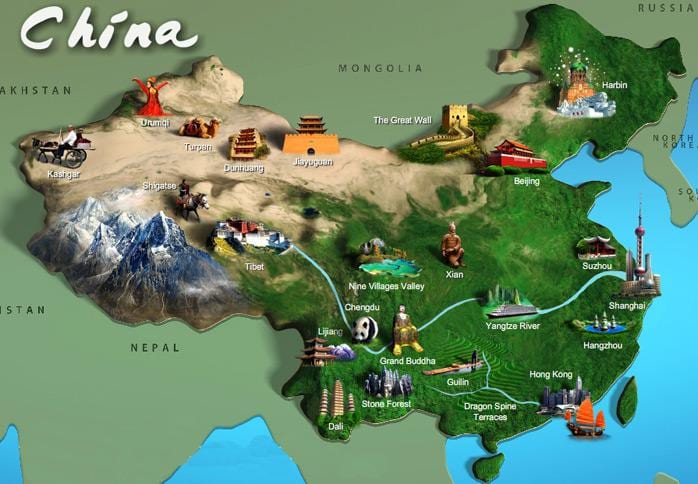 mapa ng China sa mga atraksyong panturista