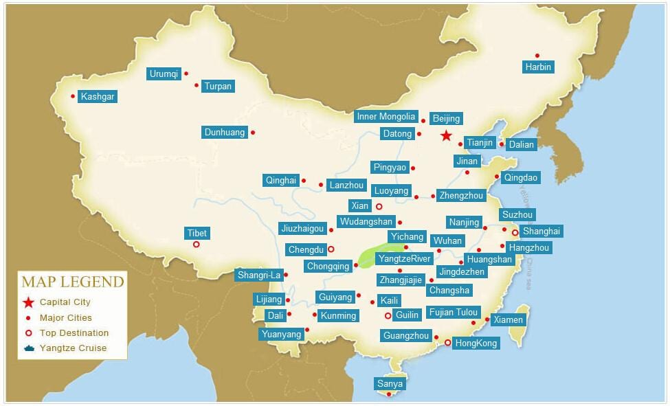 China ng mapa na may mga lungsod
