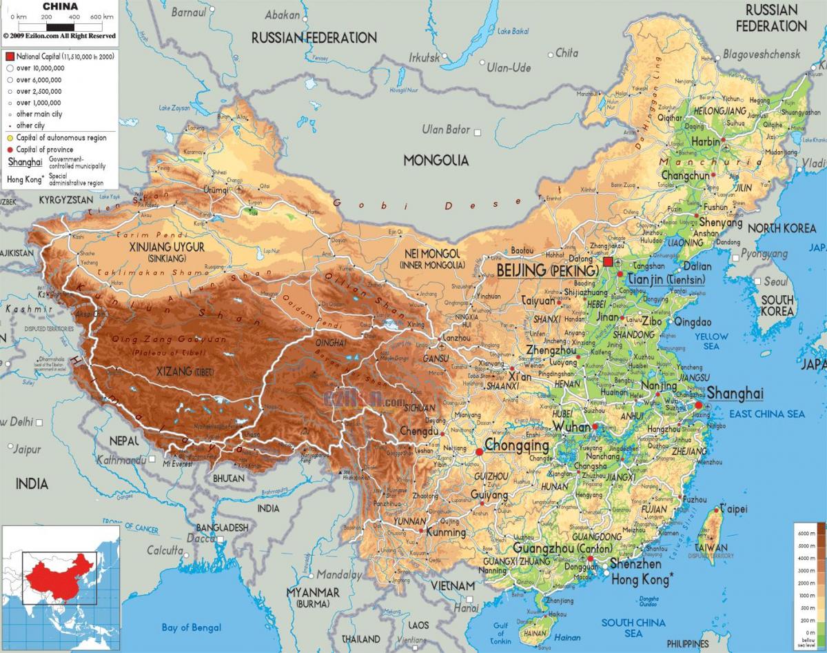 mapa ng China sa mga pisikal na mga tampok
